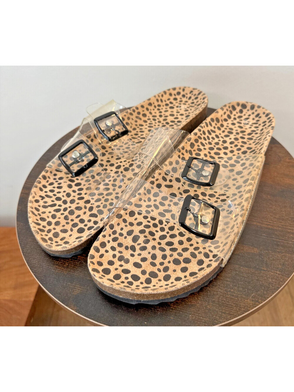 Women's Double Buckle Clear Strap Slide Sandals Leopard Print Size 6